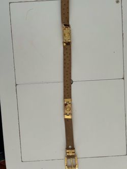 El General Men's Exotic Ostrich Leather Western Belt with Gold Medusa Accents – Cognac Brown Size 32