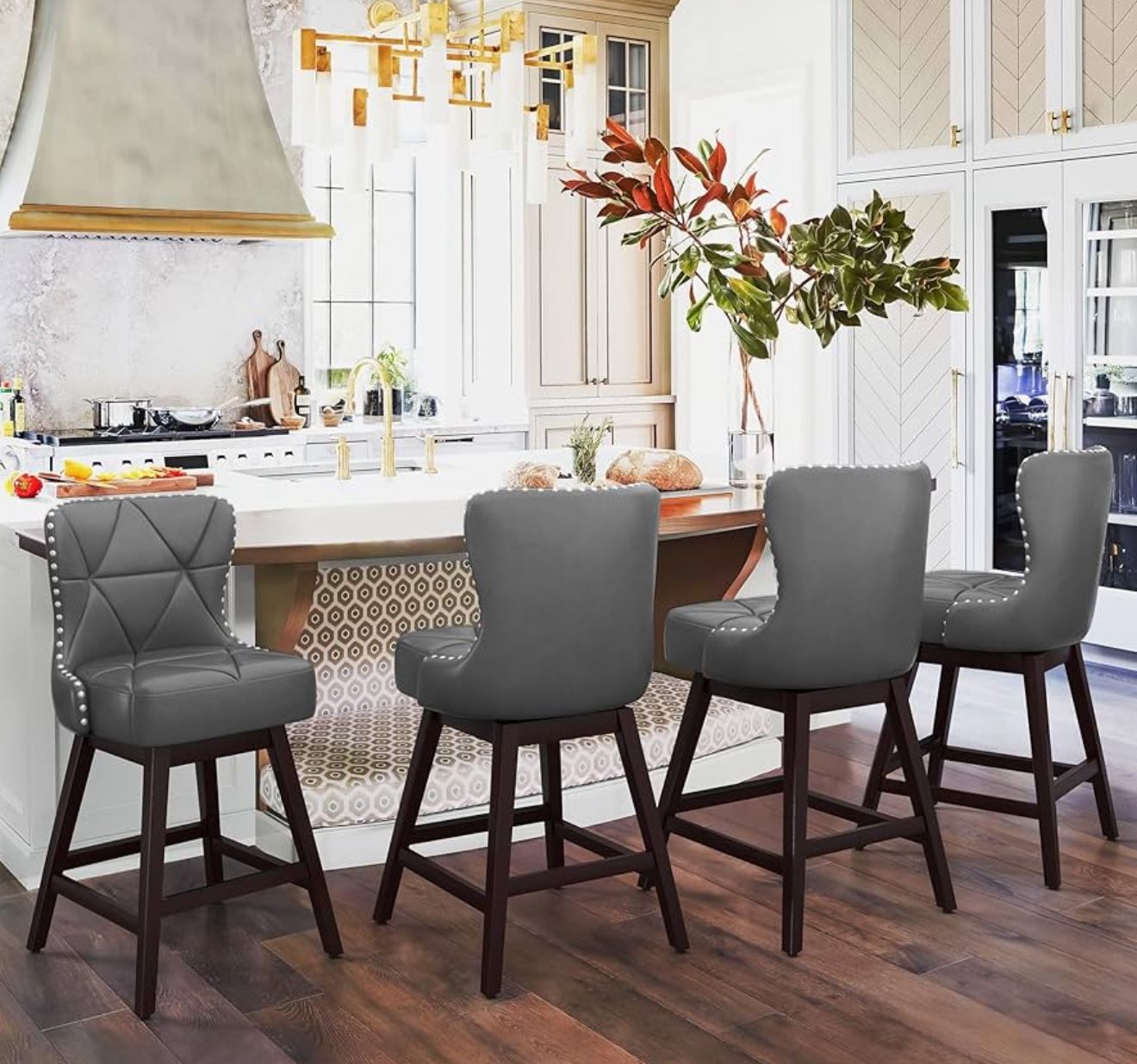 Counter Height Bar Stools Set of 4, 26" H Swivel Bar Stool with Back, Faux Leather Counter Stool, Solid Wood Legs, Retro Upholstered Barstools for Kit
