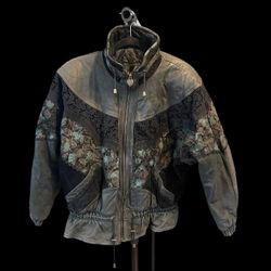 Vintage Winlit 80s 90s Black Painted  Leather Lace Jacket WOMENS SIZE LARGE 