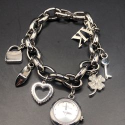Anne Klein Women's Premium Crystal Accented Silver-Tone Charm Bracelet Watch