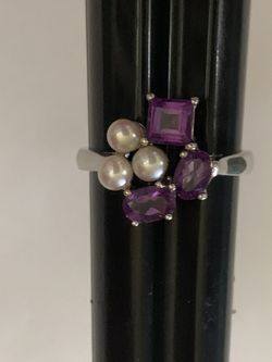 Sterling silver, amethyst and pearl mosaic beautiful cocktail ring size 10