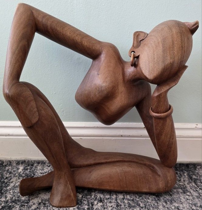 Hand Carved Wooden Woman Sculpture Seated Figurine Tribal Style Boho Decor
