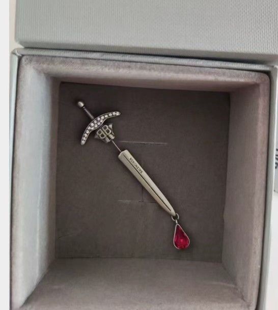Aged Silver Brass and Red Rhinestone Sword Brass Earrings Mens