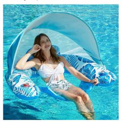 Pool Float with Canopy - Inflatable Pool Floaties Adult Floating Pool Chair Lounge Floats for Swimming Pool Water Chair Pool Lounger with Cup Holders 