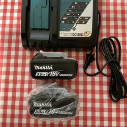 Makita. 18V LXT Lithium Ion Rapid Charger and (2) 5.0Ah Batteries.