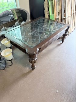 Large Ornate Coffee Table – Iron Scrollwork Under Glass, Dark Wood