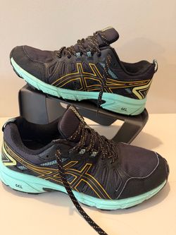 ASICS Women's Gel-Venture 7 trail running shoes in the "Black/Orange Pop/Mint" colorway