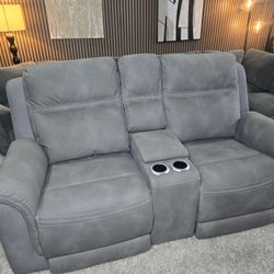 Like New- Ashley Power Reclining Gray Fabric Loveseat with Console