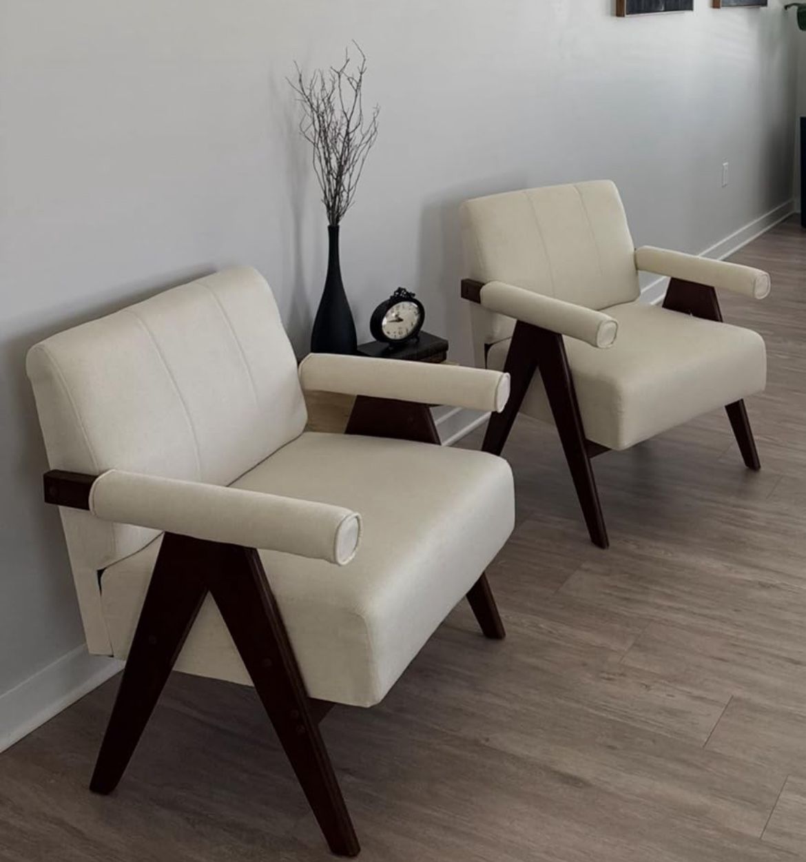 Mid Century Modern Chairs Set of 2 Beige Linen Fabric Accent Chair Wooden Arms with Soft Bag Living Room Chairs with Thick Cushion Comfy Leisure Waiti