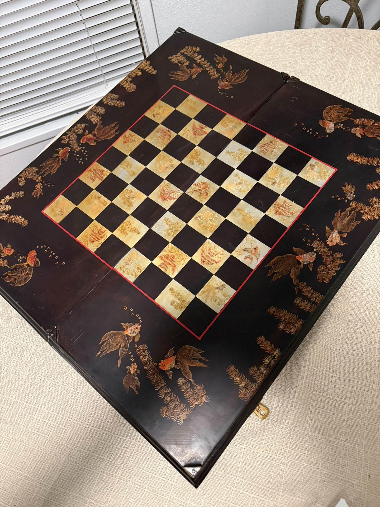 Vintage Antique Vietnam goldfish Lacquered Folding Chess Backgammon Board!