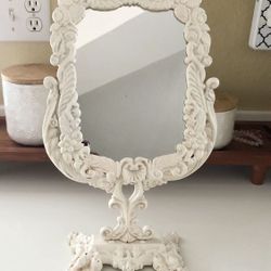 Vintage Floral Ornate  Distressed White Cast Iron Free Standing Table Mirror JM8 Iron Art The Price Is Firm!