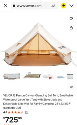 VEVOR 12 Person Canvas Glamping Bell Tent, Breathable Waterproof Large Yurt Tent with Stove Jack and Detachable Side Wall for Family Camping, 23'x23'x