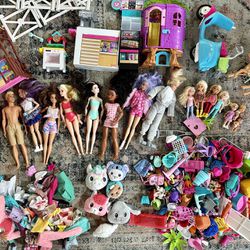 Barbie and Disney Lot of 18 Dolls With Playsets And Storage Box