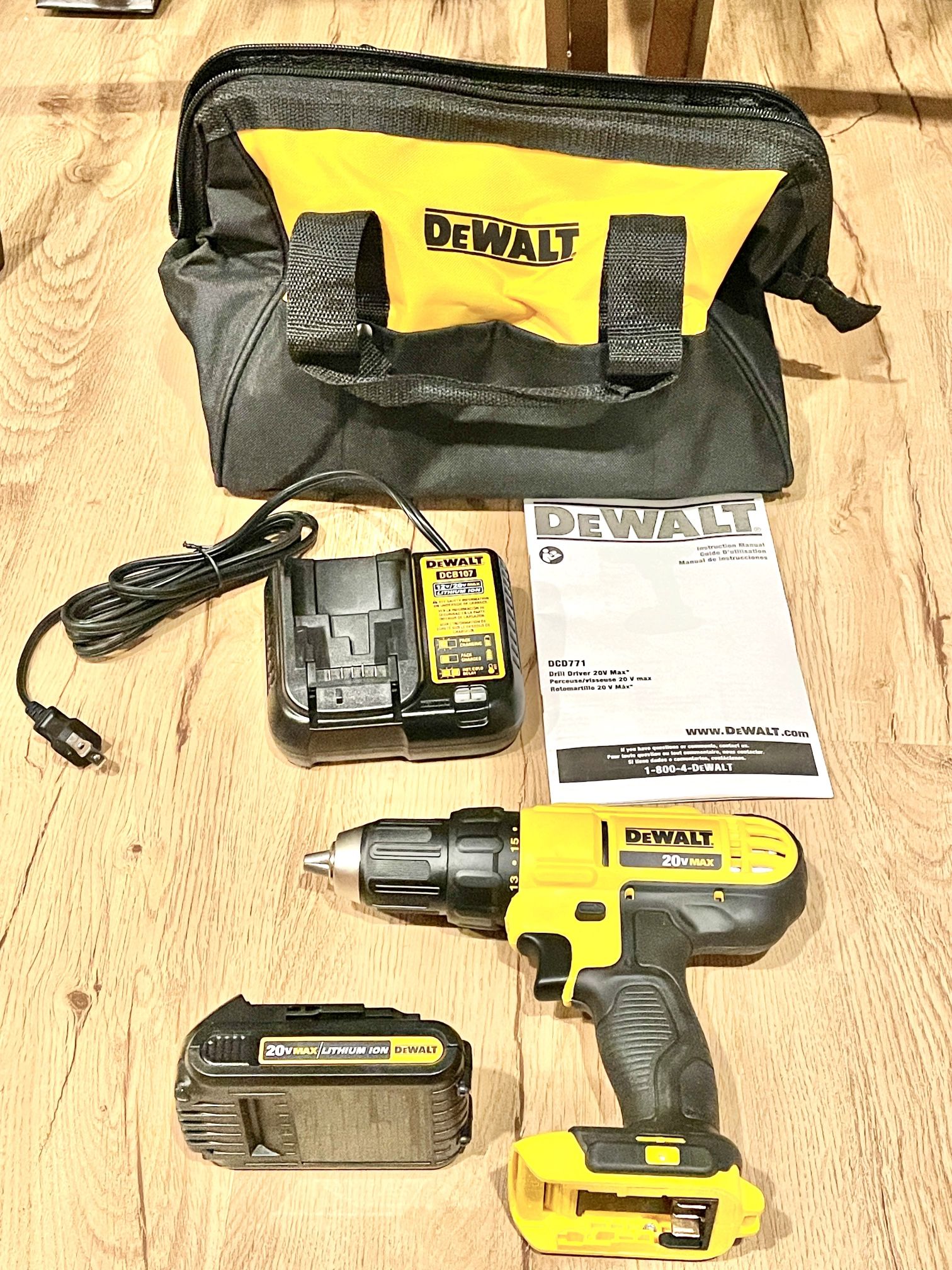 DeWALT Drill, Battery, Charger, Storage Bag