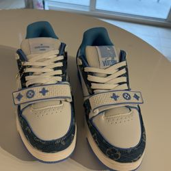 Louis Vuitton LV trainer Sneakers (Blue Denim Monogram, Low Top, Velcro Strap)  