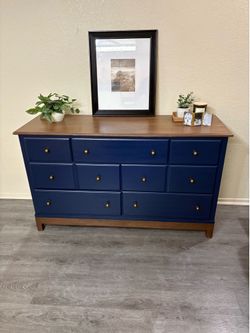 Refinished Bassett Solid Wood Dresser – Midnight Blue & Walnut