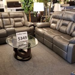Brand New Gray Leather Gel Manual Reclining Sofa + Loveseat 2PCs Set