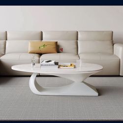 0809-LAKIQ Nordic Style Stone Top Coffee Table with Solid Wood Trestle Base Modern Living Room Center Table Oval Cocktail Table for Small Apartment (W