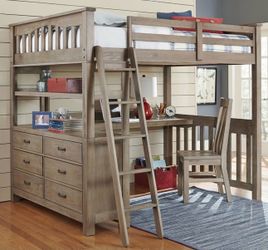 Full Size White and Gray Wash Loft Bed with Desk, Chair and Dresser Drawers