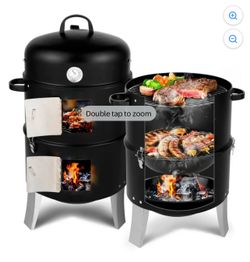 Vertical Steel Charcoal Smoker, Heavy Duty Double Layer Round BBQ Grill for Outdoor Cooking, Black