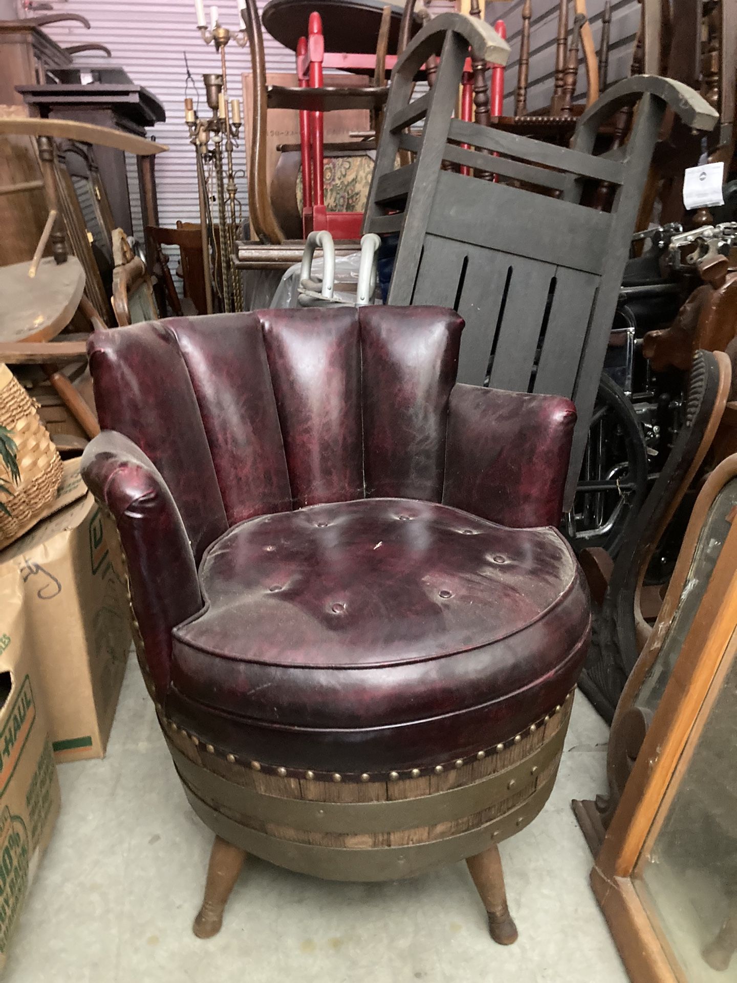 MCM Whiskey Barrel Chair Swivel Wood and Burgundy Naugahyde Club Bar Chair