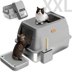 Stainless Steel Litter Box with Lid, XL Enclosed Cat Litter Boxes for Big Cats Odorless Cat Litter Box with Carbon Filters, Metal Extra Large Litter