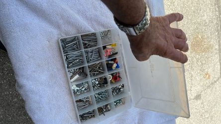 Assortment of screws nails, everything organized plus the container five dollars