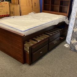 Twin Youth Bed New Trundle Daybed With Storage And Bookcase  Headboard 