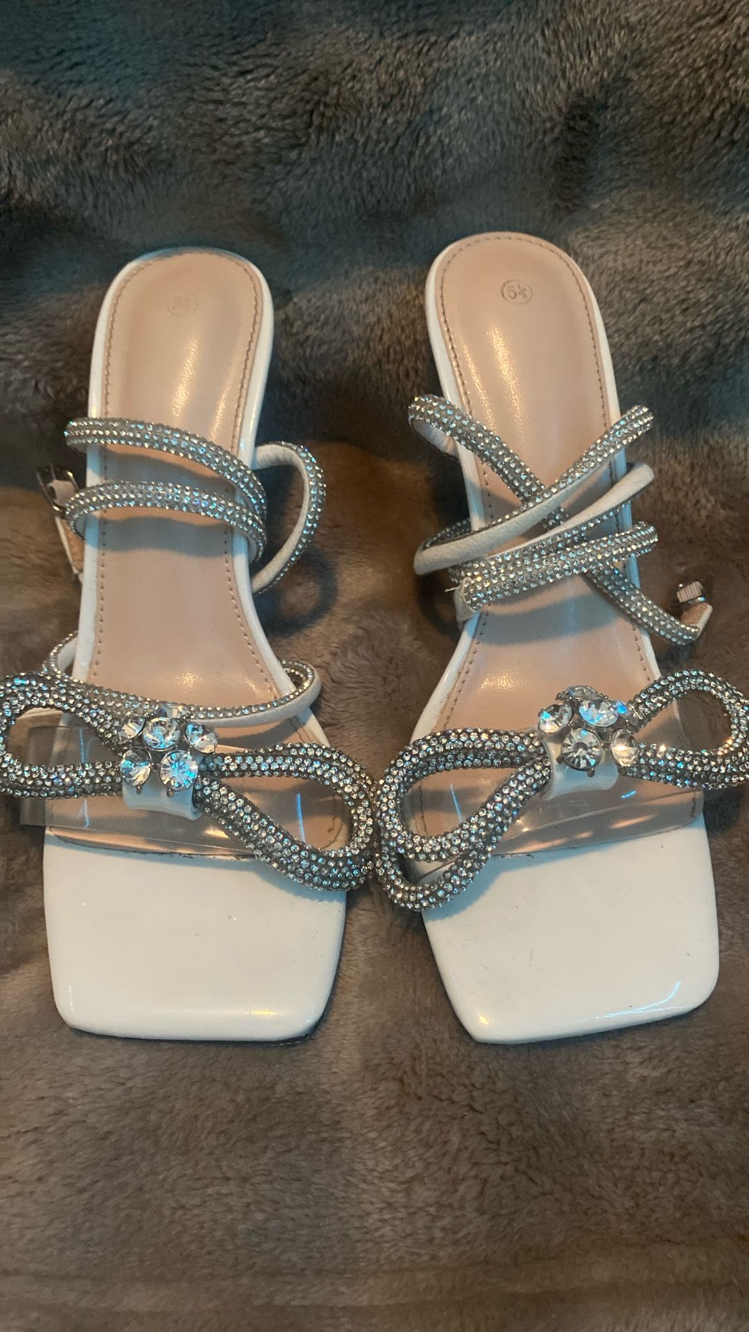 White Rhinestone Ankle Strap High Heels