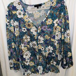 Flower Blouse V Neck With Buttons, Bright size XL