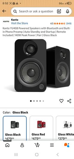 Kanto YU4GB Powered Speakers with Bluetooth and Built-in Phono Preamp | Auto Standby and Startup | Remote Included | 140W Peak Power | Pair | Gloss Bl