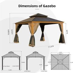 12'x12' Hardtop Gazebo, Wooden Coated Aluminum Frame Canopy with Galvanized Steel Double Roof, Outdoor Permanent Metal Pavilion with Curtains and Nett