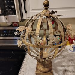 Vintage Metal Globe Cage Sculpture with Candle Holder