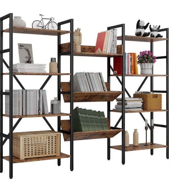 Bookcases and Bookshelves Triple Wide 4 Tiers Industrial Bookshelf