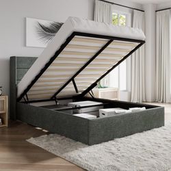 Queen Size Upholstered Lift Up Storage Bed Frame with Fabric Panel Wingback Headboard，Dark Gray