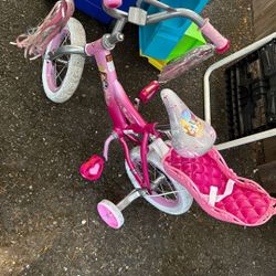 12" Pink Princess Bike With Training Wheels And Doll Seat