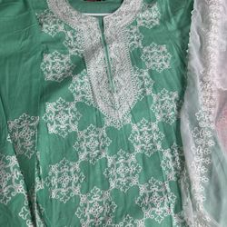 white wool embroidered Long shirt, Embroidered trousers and dupatta size Large