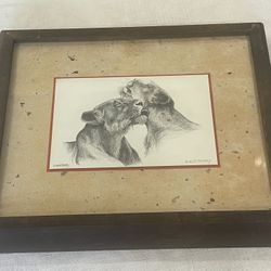 Framed pencil sketch titled 'Lionesses' by renowned wildlife artist Robert Gentry. 11.25”x 9.25” Including Frame 