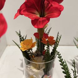 Red Artificial Flowers In Glass Vase