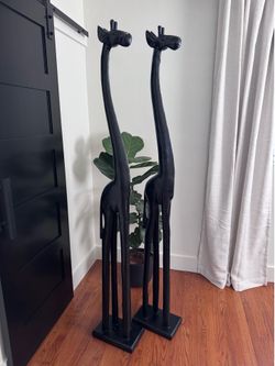 Pair of Tall Matte Black Giraffe Sculptures – 74” Tall