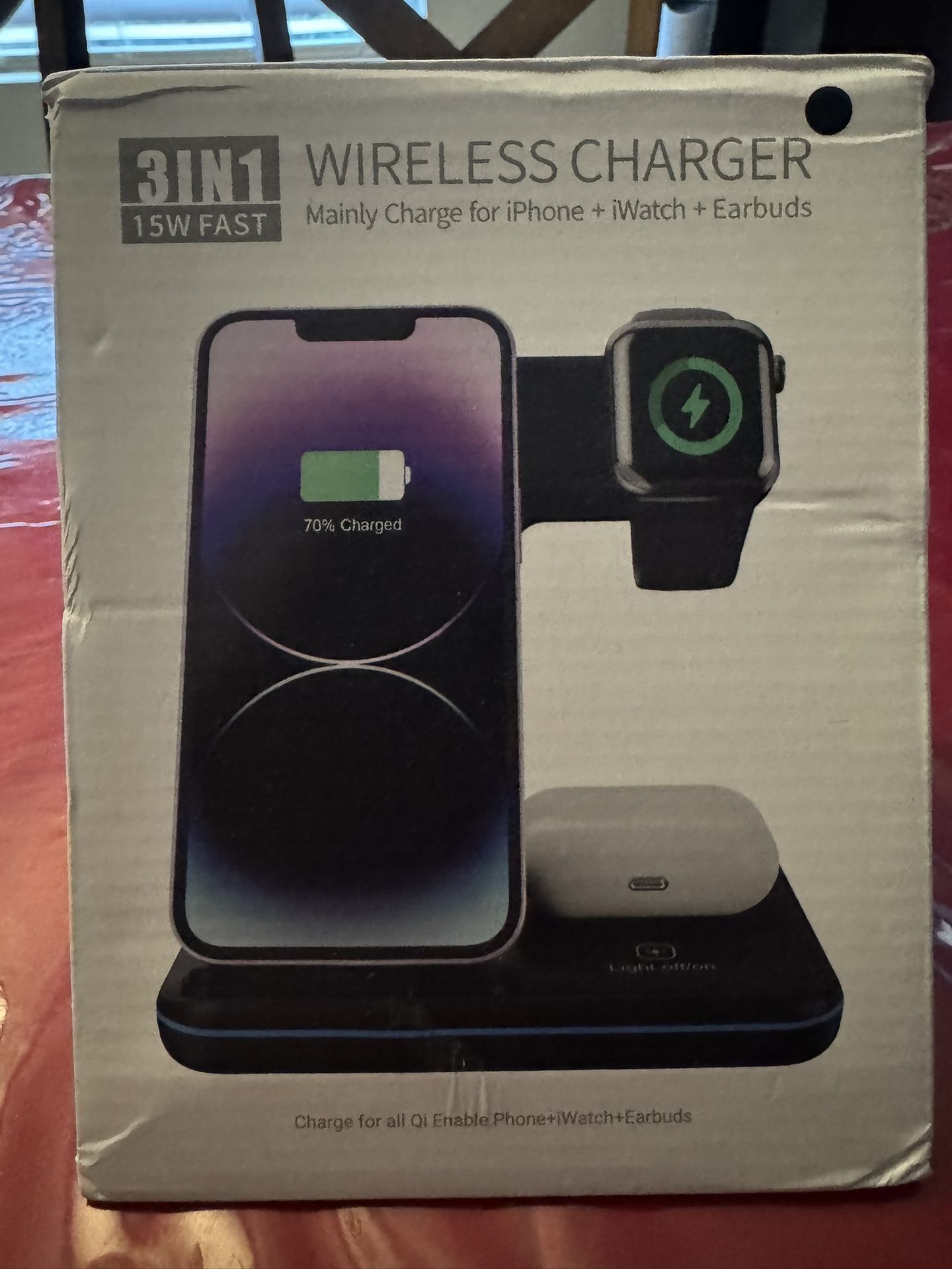 3IN 1 wireless charger 15 W fast. Mainly charge for iPhone, iwatch and Earbuds in black color 