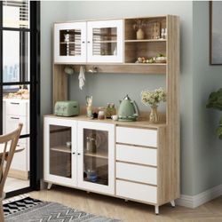 63 in. W Kitchen Light Brown Wood Buffet Pantry Cabinet with Glass Doors