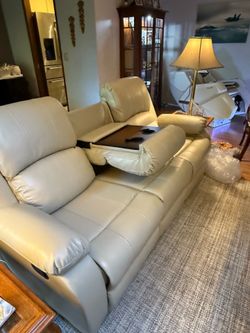 Beige Double Recliner with fold down cup holder