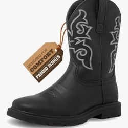 Men's Cowboy Boots - Square Toe Western Boots with Embroidery, Pull-On Fit, Durable Rubber Sole Mens Shoes
