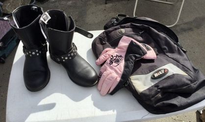 Motorcycle Boots, Gloves, Backpack 