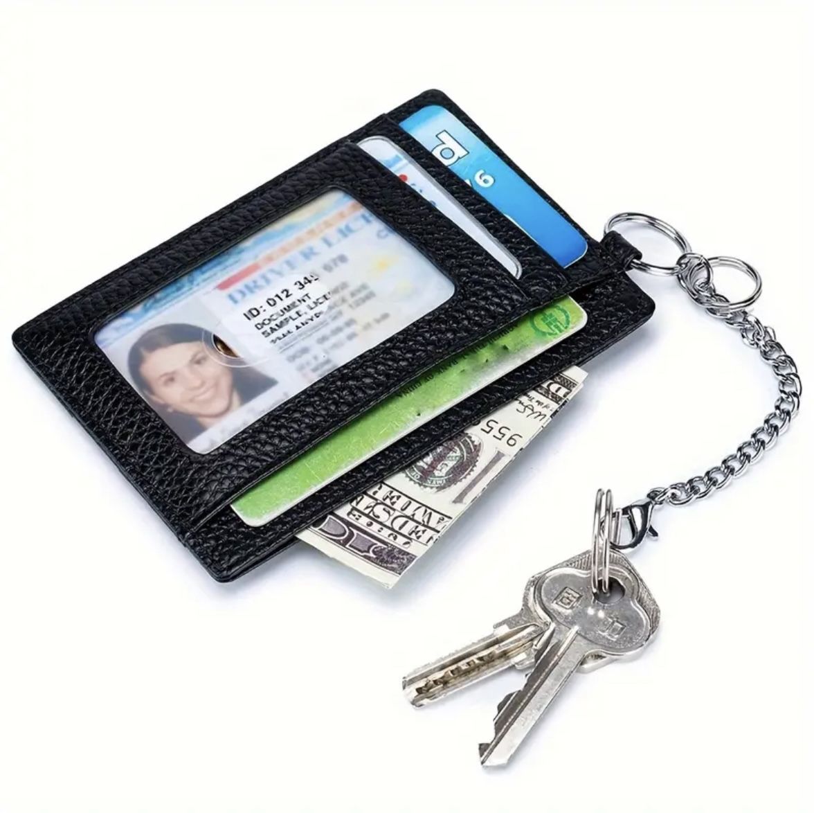 New Mini Genuine Leather RFID Blocking Card Holder Slim Wallet with Keychain