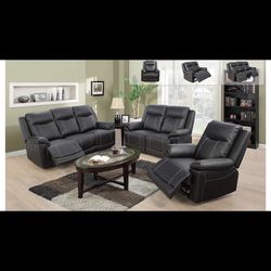 Black Leather Fully Reclining Couch Set