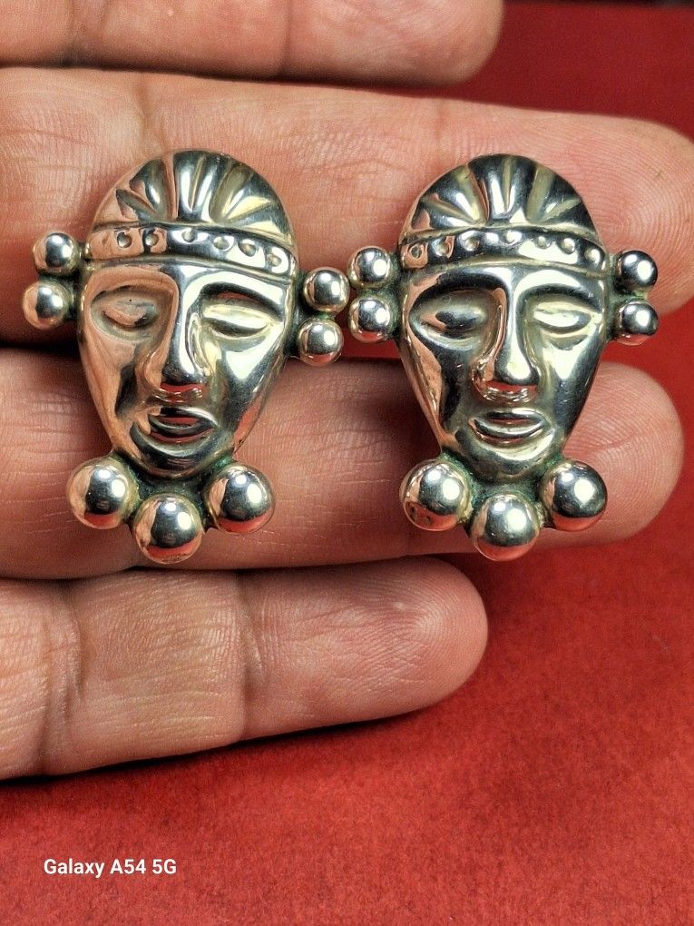 Sterling Silver 925 Vintage Aztec Mayan Warrior Head Tribal Screw Back Earrings