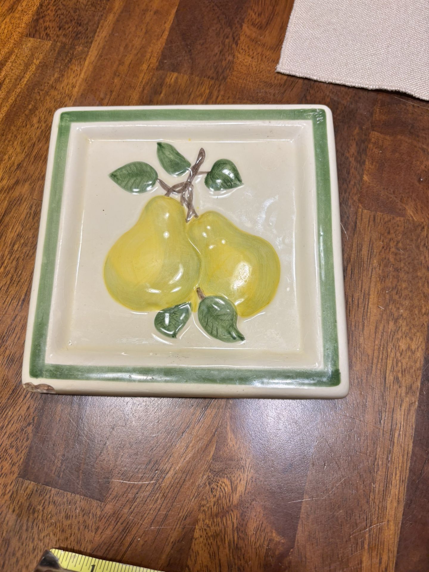 Boho Vintage “Pleasing Pears" Embossed Ceramic Trivet, Hot Pad, Decorative Tray