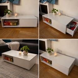 Modern White Coffee Table with Hidden Storage & Open Shelf